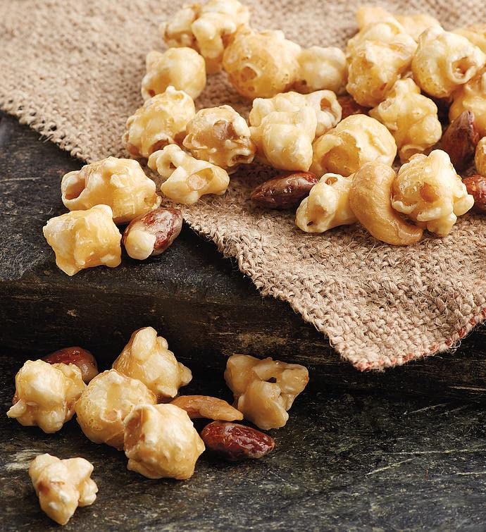 Caramel popcorn and nut mix from the gift basket.